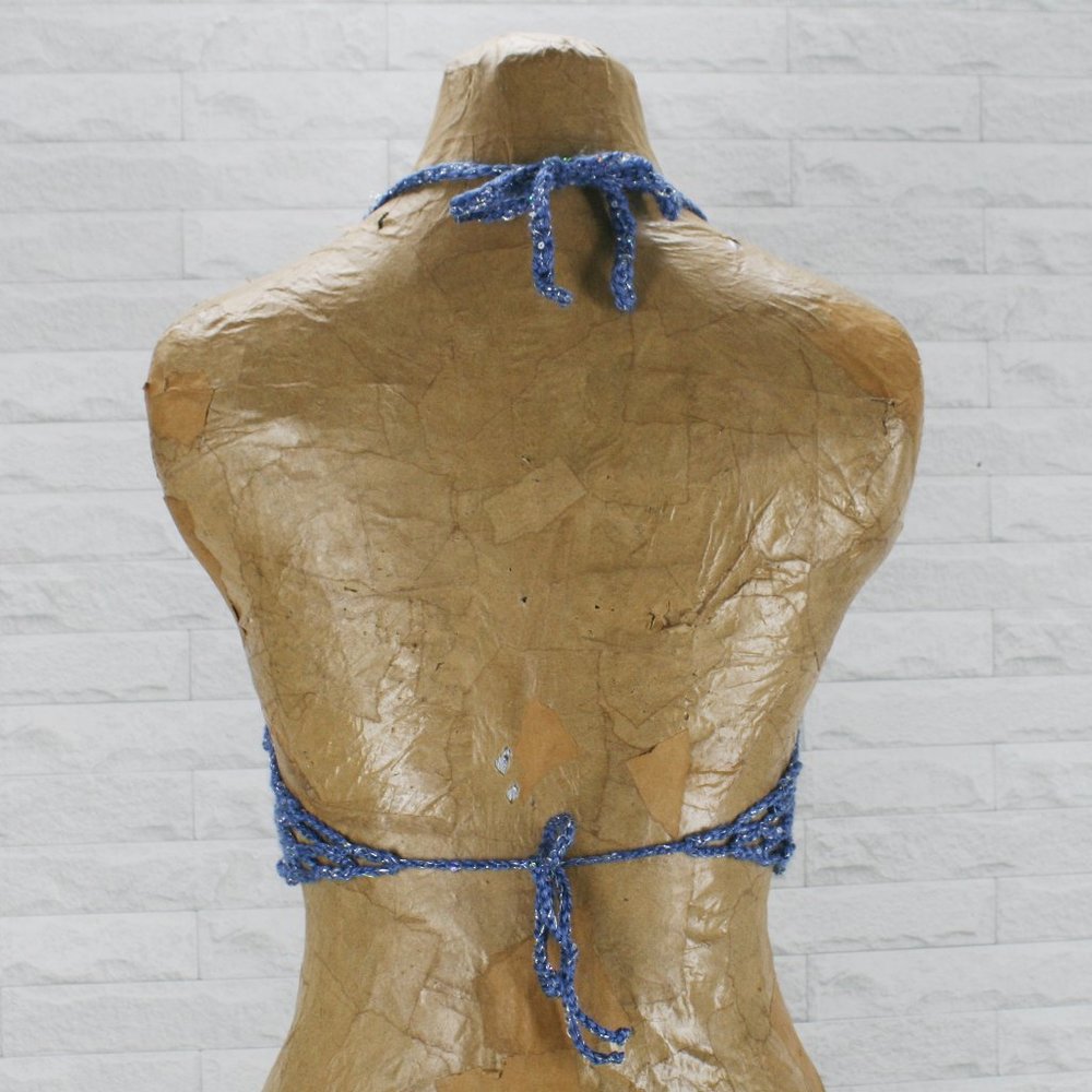 HAND CRAFTED Crop Top Crochet Cut Out Bikini Halter Festival Rave Metallic Blue - Picture 5 of 14